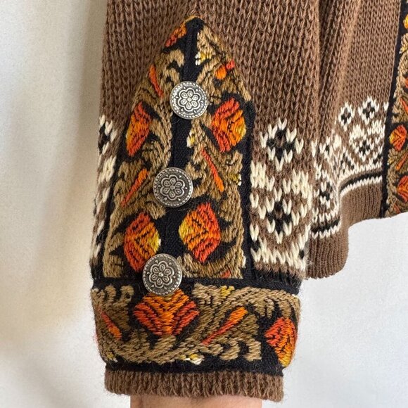 Vintage Nordstrickk Brown 100% Wool Nordic Fair Isle Silver Closure Cardigan - Picture 5 of 16